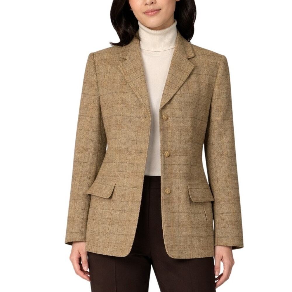 Talbots Petites 12P Wool Tweed Blazer Brown Tan Italian Fabric Academia Career